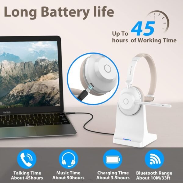 Vonztek Bluetooth Headset with Microphone, Wireless Headphones. Noise Canceling & Charging Dock for Work/Office/PC/Meeting/Zoom/Skype/MS Teams - Image 3