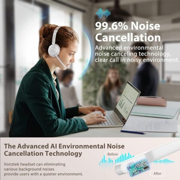 Vonztek Bluetooth Headset with Microphone, Wireless Headphones. Noise Canceling & Charging Dock for Work/Office/PC/Meeting/Zoom/Skype/MS Teams - Image 4
