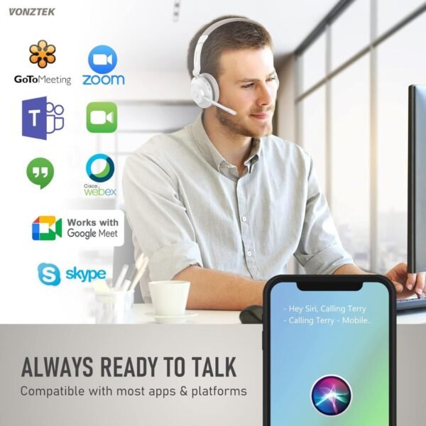 Vonztek Bluetooth Headset with Microphone, Wireless Headphones. Noise Canceling & Charging Dock for Work/Office/PC/Meeting/Zoom/Skype/MS Teams - Image 6