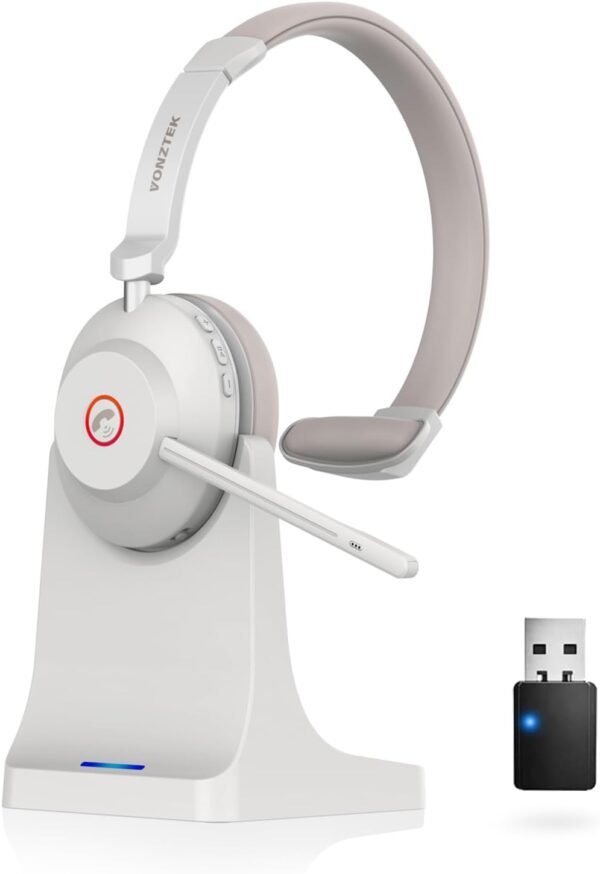 Vonztek Bluetooth Headset with Microphone, Wireless Headphones. Noise Canceling & Charging Dock for Work/Office/PC/Meeting/Zoom/Skype/MS Teams