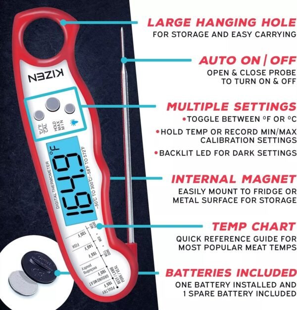 Kizen Digital Waterproof Instant Read Meat Thermometer - Red - Image 3